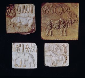 Cztery pieczęcie przedstawiające byka, nosorożca, słonia i tygrysa z symbolami piktograficznymi, z doliny Indusu, Pakistan, 3000-1500 p.n.e.